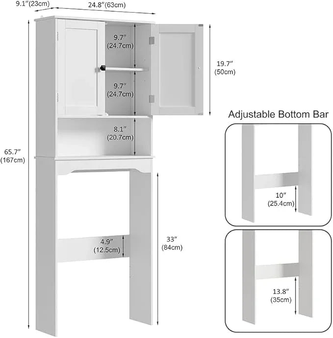 RRX Over The Toilet Storage Cabinet,Bathroom Above Toilet Cabinets Organizer, 24.8" L x 9.1 "W x 65.7 "H Free Standing Toilet Rack with Adjustable Shelf and Open Storage,Double Doors(Pure White) - ModernBath