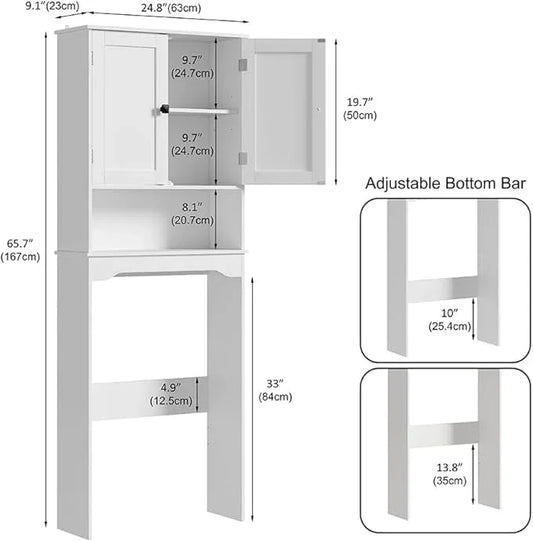 RRX Over The Toilet Storage Cabinet,Bathroom Above Toilet Cabinets Organizer, 24.8" L x 9.1 "W x 65.7 "H Free Standing Toilet Rack with Adjustable Shelf and Open Storage,Double Doors(Pure White) - ModernBath