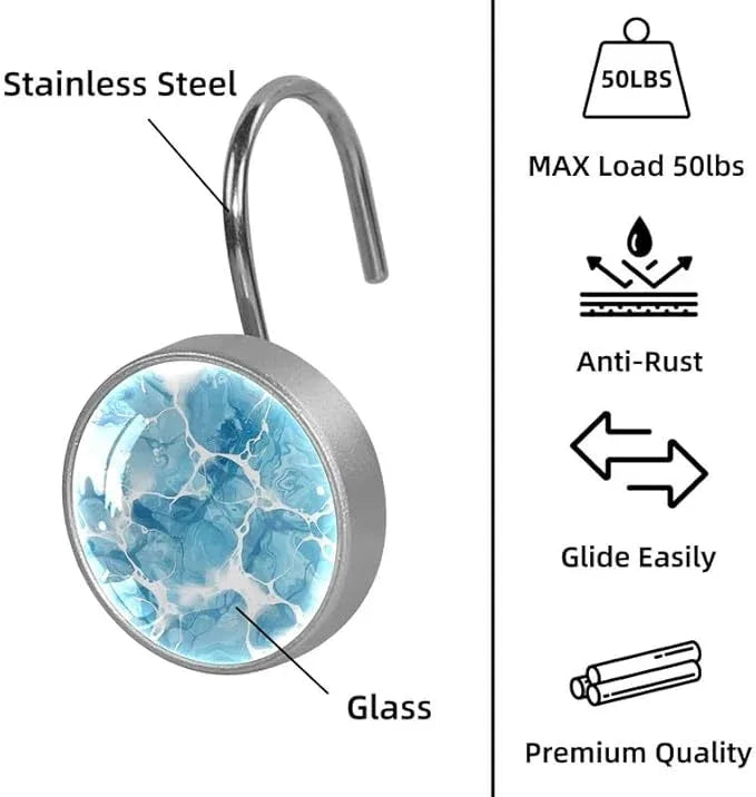 12 Pcs Decorative Shower Curtain Hooks, Rust Proof Glass Surface Stainless Steel Rings for Bathroom Bedroom Kitchen Home Bath Room Rods Decor (Blue Water Ripples) - ModernBath