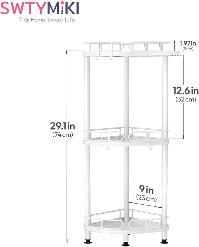 SWTYMIKI Corner Shower Caddy Standing - 3 Tier Stainless Steel Shower Organizer Stand with 4 Hooks & Soap Holder, Rustproof Metal Standing Tall Floor Shower Shelf and Bathroom Organizer, White - ModernBath