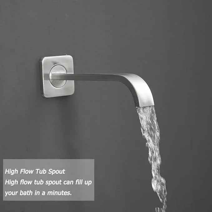 JingGang Brushed Nickel Rain Shower System Tub Shower Faucet Set 12 Inch Square Rainfall Shower Head with Handheld Sprayer and Tub Spout Rough-in Valve Shower Mixer Combo Kit - ModernBath