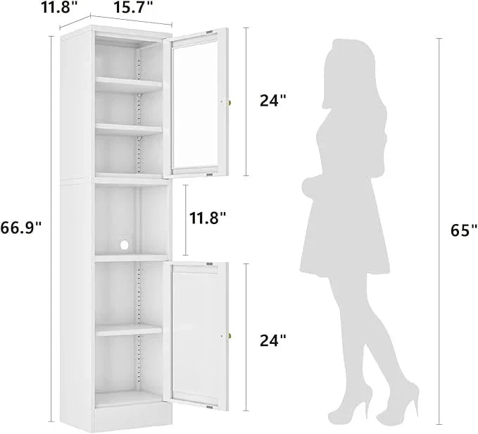 Metal Bathroom Storage Cabinet, 67" Tall Narrow Freestanding Floor Cabinet with Adjustable Shelves and Open Compartment, Slim Metal Locker for Laundry, Kitchen, Dining Room (White-Glass, 67"H) - ModernBath