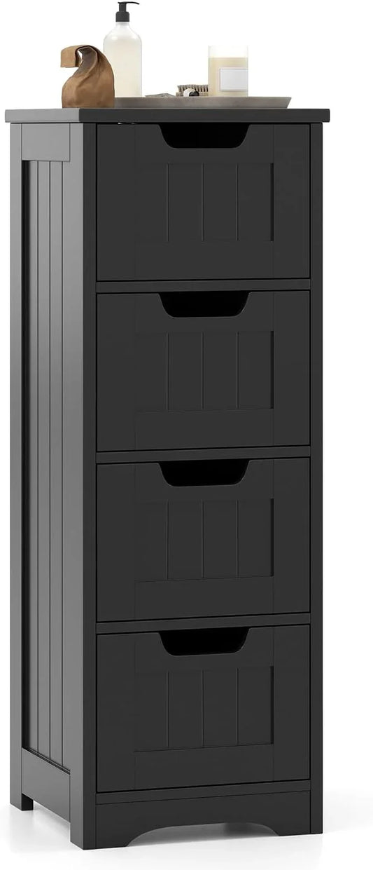 Tangkula Bathroom Floor Cabinet with 4 Drawers, 12 x 12 x 33 Inch, Freestanding Storage Cabinet for Bathroom Living Room, Wooden Cabinet Organizer Unit for Home Office (Black) - ModernBath