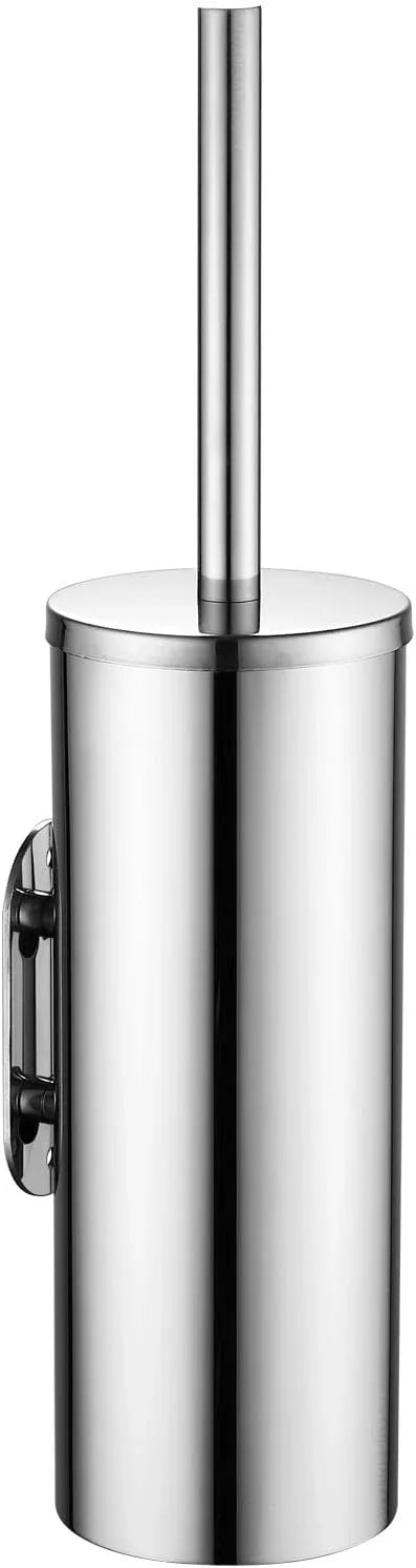 Toilet Brush and Brush Holder, Stainless Steel No-Punch Hook Base Dual Purpose Toilet Brush Holder with Removable Inner Bucket and Splash Cover - Soft Bristles (Chrome) - ModernBath