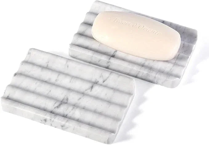 2PCS Koville Italian Natural Marble Soap Dish for Shower, Stone Soap Tray for Bathroom, Bar Soap Holder for Sink, Stripe Grooves Saver Keep Bars Dry Easy Clean (Bianco Carrara) - ModernBath
