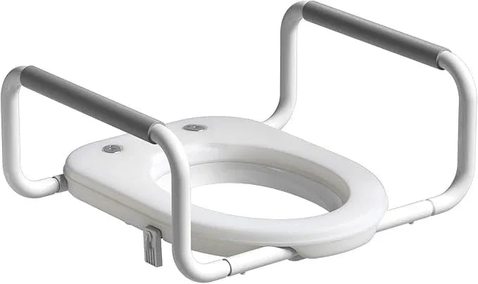 R&T 2" Toilet Seat Riser with Handles – Comfortable Raised Toilet Seat for Seniors, Fits for Elongated Toilets, Elevated Seat with Soft Grey Padded Arms for Bathroom - ModernBath