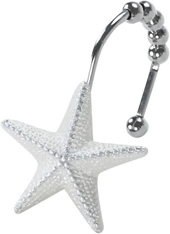 Coastal Seashell Shower Curtain Hooks, Under The Sea Beach Starfish Bathroom Shower Curtain Hooks Rust Proof, 5 Roller Ring Balls White Decorative Shower Hooks for Shower Curtain, Set of 12 - ModernBath
