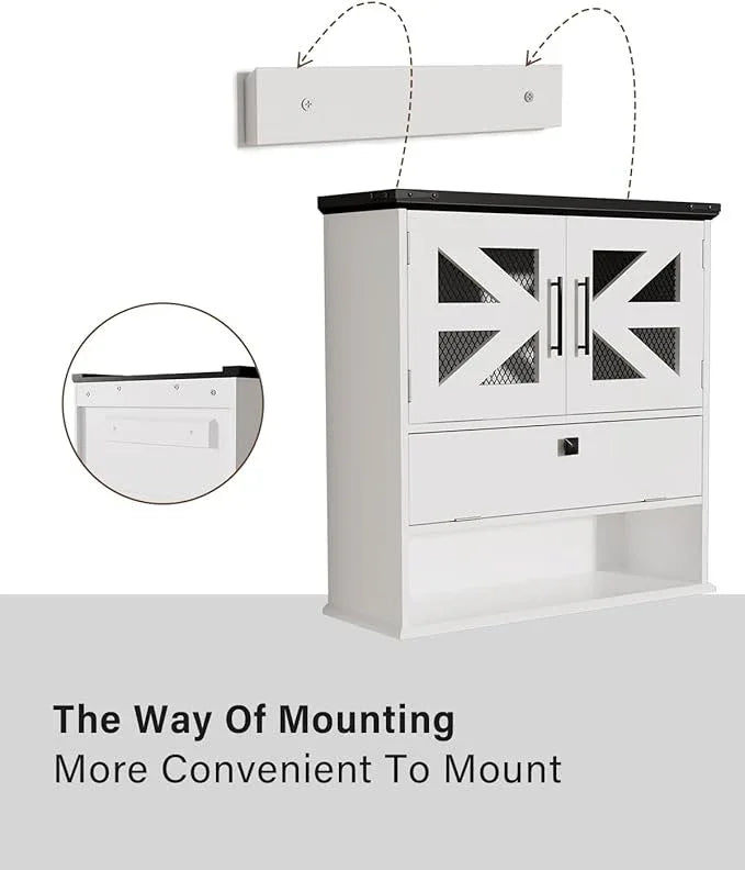 Wall Mounted Bathroom Cabinet with Double Doors, Flip-Down Storage and Open Shelf, Modern White Finish, Over-The-Toilet Space Saver Cabinet - ModernBath