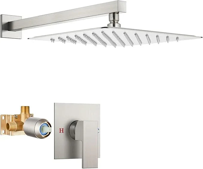 Airuida Shower Faucet Set Bathroom Rain Shower System SUS304 Stainless Steel Single Handle With Male Threads Rough-in Valve Shower Trim Kit 12 Inch Wall Mount Shower Head Brushed Nickel - ModernBath
