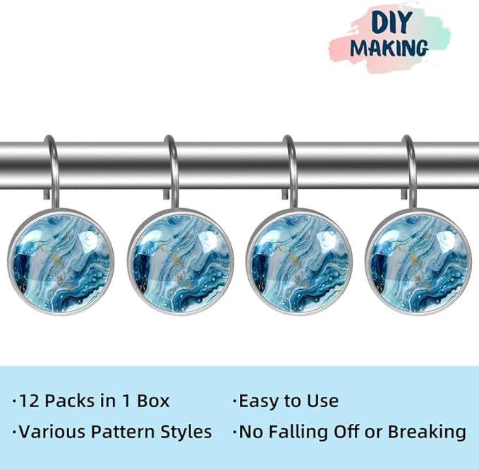 12 Pcs Decorative Shower Curtain Hooks, Rust Proof Glass Surface Stainless Steel Rings for Bathroom Bedroom Kitchen Home Bath Room Rods Decor (Blue White Gold Liquid) - ModernBath