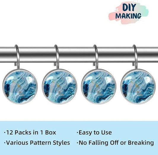12 Pcs Decorative Shower Curtain Hooks, Rust Proof Glass Surface Stainless Steel Rings for Bathroom Bedroom Kitchen Home Bath Room Rods Decor (Blue White Gold Liquid) - ModernBath