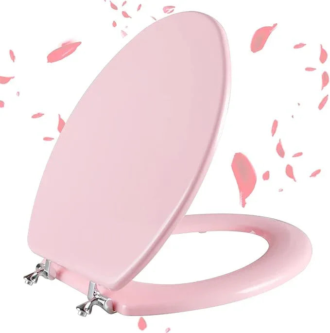 Pink Elongated Toilet Seat Natural Wood Toilet Seat with Zinc Alloy Hinges, Easy to Install also Easy to Clean, Scratch Resistant Toilet Seat by Angol Shiold (Elongated, Pink) - ModernBath