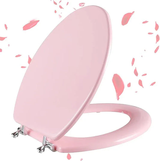 Pink Elongated Toilet Seat Natural Wood Toilet Seat with Zinc Alloy Hinges, Easy to Install also Easy to Clean, Scratch Resistant Toilet Seat by Angol Shiold (Elongated, Pink) - ModernBath