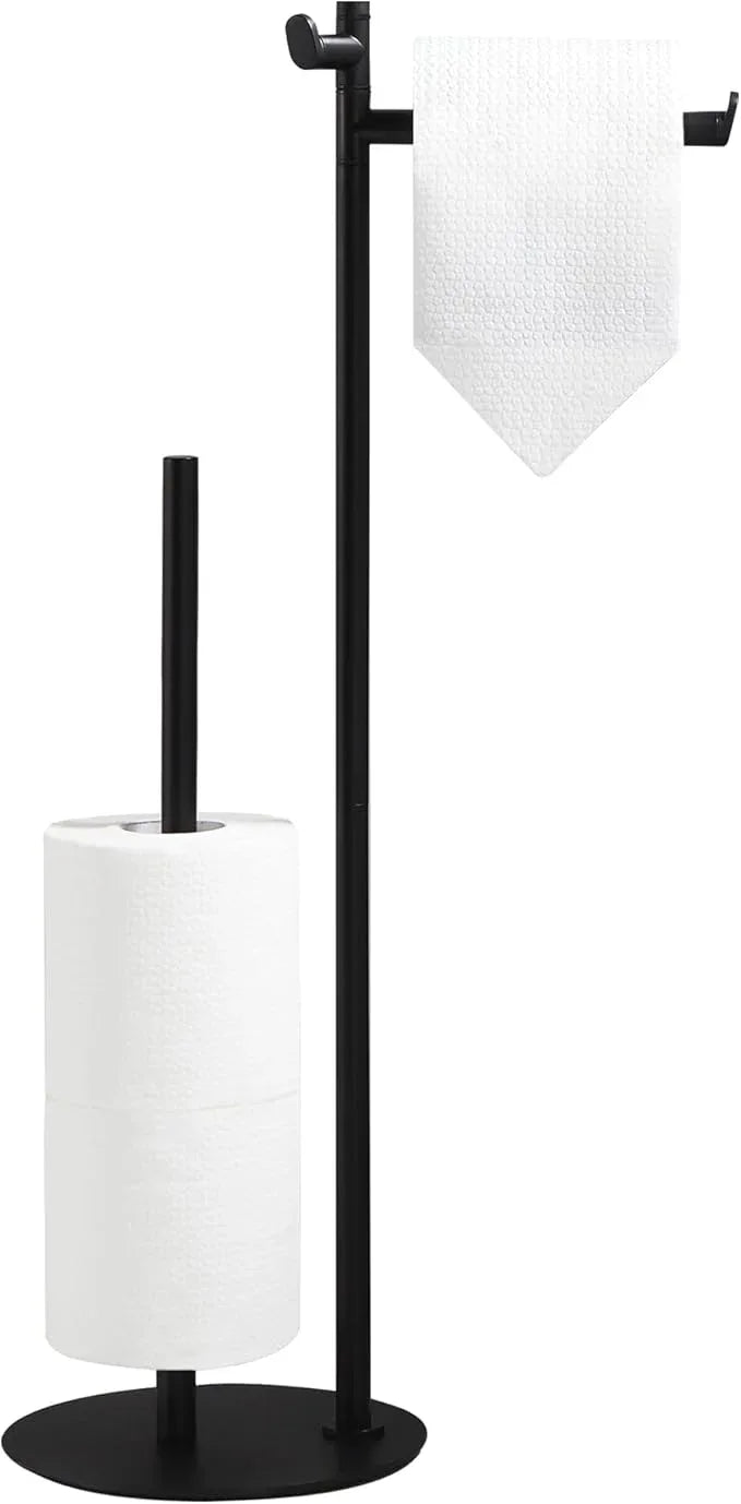 BGL Toilet Paper Holder Stand, SUS304 Stainless Steel Matte Black, Weighted Base, Holds 5 Jumbo Rolls, Space-Saving Modern Bathroom Storage with Built-in Hook - ModernBath