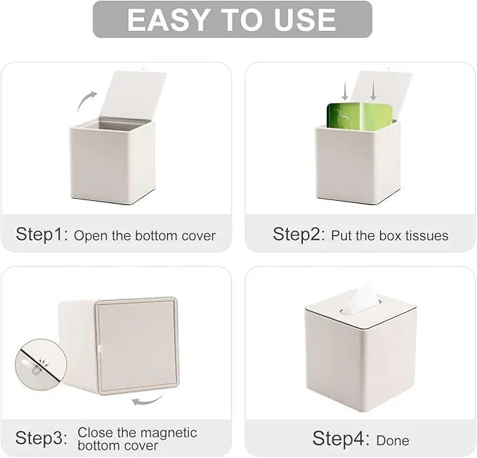 KINGFOM Leather Tissue Box Cover – Square Modern PU Leather Tissue Holder, Cube Tissue Dispenser for Home, Office, Bedroom, Bathroom – Elegant Minimalist Style (Ivory White-Square) - ModernBath