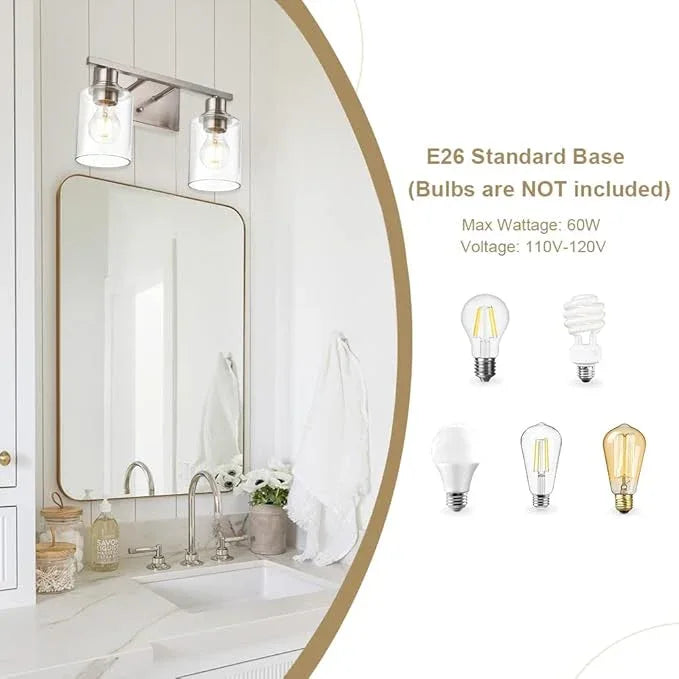 VINLUZ Modern Bathroom Vanity Light,2 Light Industrial Wall Sconces in Brushed Nickel Finish Indoor Metal Base Wall Mounted Fixture with Clear Glass Shade - ModernBath