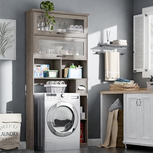Over The Toilet Storage Cabinet with Transparent Door, Toilet Paper Storage Cabinet with Multi Layer Shelves Suitable for Bathroom, Laundry Room, Freestanding Bathroom Storage Rack,Grey - ModernBath