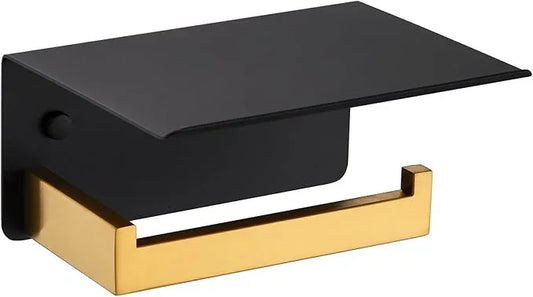 Angle Simple Toilet Paper Holder with Shelf, 304 Stainless Steel Bathroom Tissue Roll Holder for Wall Black and Gold - ModernBath