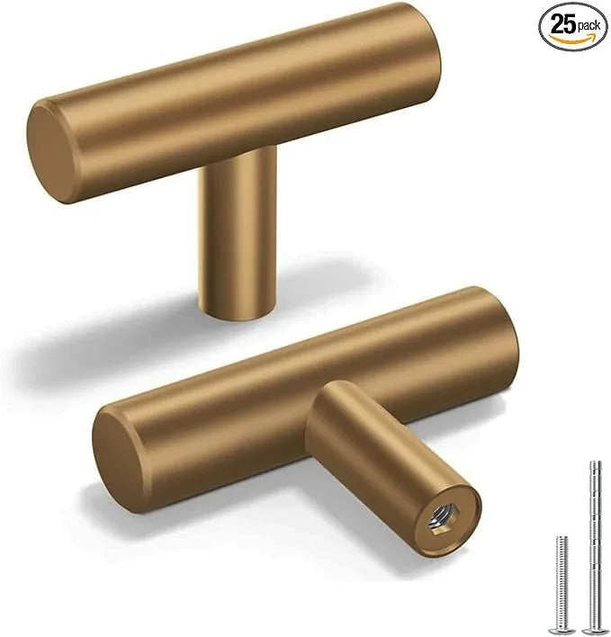 goldenwarm 25 Pack Champagne Bronze Cabinet Knobs Gold Drawer Knobs Brass Dresser Pulls Champagne Bronze Cabinet Handles T Bar Kitchen Drawer Hardware, 2 Inch(50mm) Overall Length - ModernBath