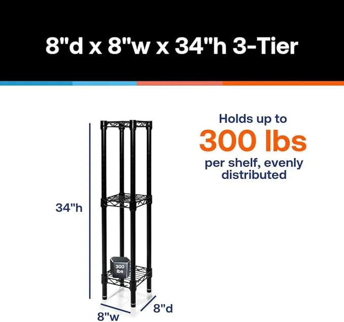 Shelving Inc. 8" d x 8" w x 34" h Black Wire Shelving with 3 Tier Shelves, Weight Capacity 300lbs Per Shelf - ModernBath