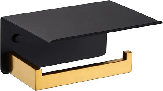 Toilet Paper Holder with Phone Shelf Black & Gold, APLusee 304 Stainless Steel Tissue Roll Dispenser Storage, Bathroom Accessories Wall Mounted - ModernBath