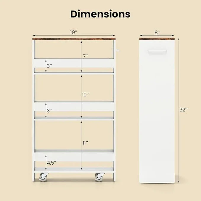 Small Kitchen Cart, 4-Tier Slim Rolling Island w/Handle, Laundry Room Storage Organizers Between Washer and Dryer, Narrow Spice Rack on Wheels Next to Fridge (White & Rustic Brown, 8'') - ModernBath