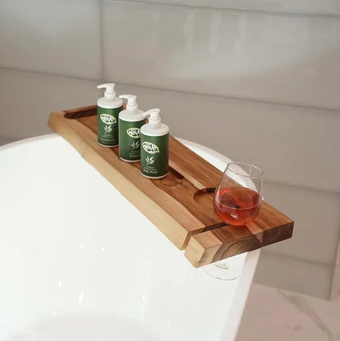 EcoDecors Eleganto 30" Live Edge Solid Teak Bath Caddy Tray with Handle, Book & Tablet Holder, Wine Glass Holders, Luxury Bathtub Tray - ModernBath