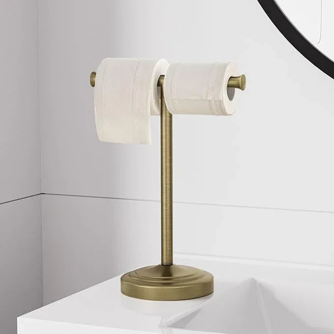 RUMOSE 13 Inch Antique Brass Towel Bar Stand Hand Holder Bathroom Kitchen Vanity Countertop T-Shape Towel Rack Free Standing Stainless Steel - ModernBath