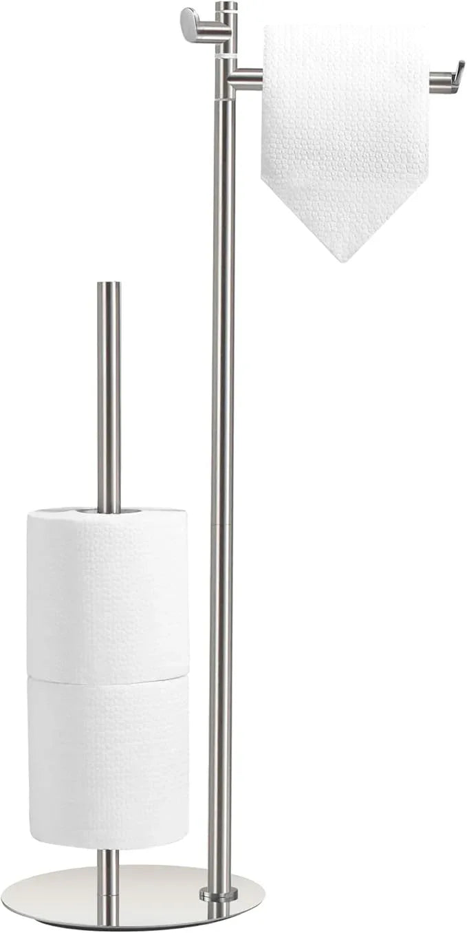 BGL Toilet Paper Holder Stand, SUS304 Stainless Steel Brushed Nickel, Weighted Base, Holds 5 Jumbo Rolls, Space-Saving Modern Bathroom Storage with Built-in Hook - ModernBath