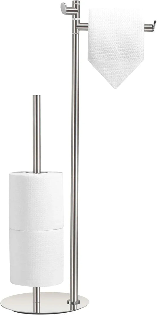 BGL Toilet Paper Holder Stand, SUS304 Stainless Steel Brushed Nickel, Weighted Base, Holds 5 Jumbo Rolls, Space-Saving Modern Bathroom Storage with Built-in Hook - ModernBath