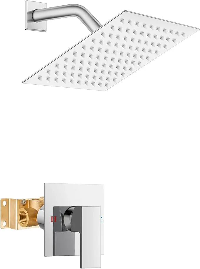 Airuida Shower Faucet Set Bathroom Rain Shower System 8 Inch Square Showerhead Single Function 1 Handle Trim Kit with Female Thread Rough-in Valve Cover Plate with H and C Labels Chrome Polish - ModernBath