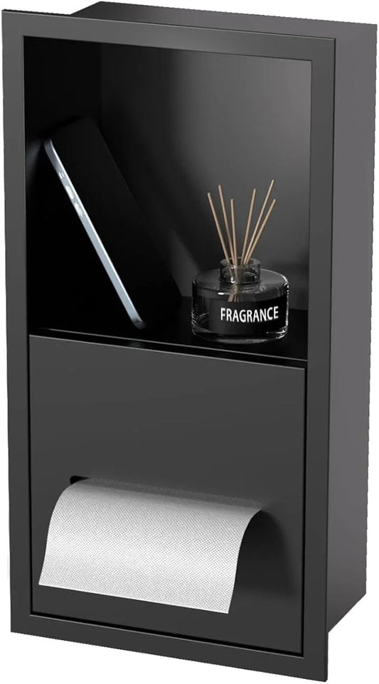 Black Toilet Paper Holder with Recessed Wall Niche for Storage,Stainless Steel in Wall Toilet Paper Dispenser with Shelf,15.9inX7.9inX4.9in (Matte Black) - ModernBath
