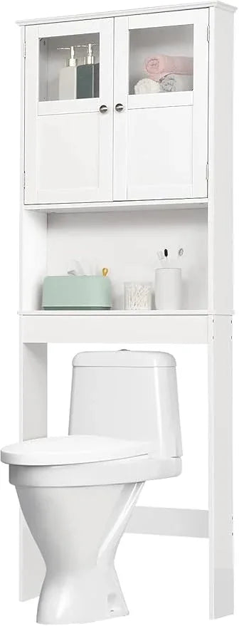 VINGLI Over The Toilet Storage Cabinet White Bathroom Storage Organizer Above The Toilet Shelf with Acrylic Glass Double Doors Wood Muebles para BañO Rack with Adjustable Shelf - ModernBath