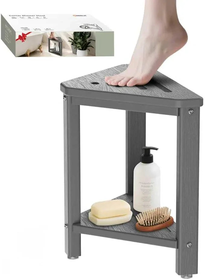 Shower Foot Rest 15in, HDPE Waterproof Shower Stool for Inside Shower, Corner Shower Stool for Shaving Legs with Storage Shelf for Small Space, Shower Step Stool, Plastic Corner Shower Bench, Grey - ModernBath