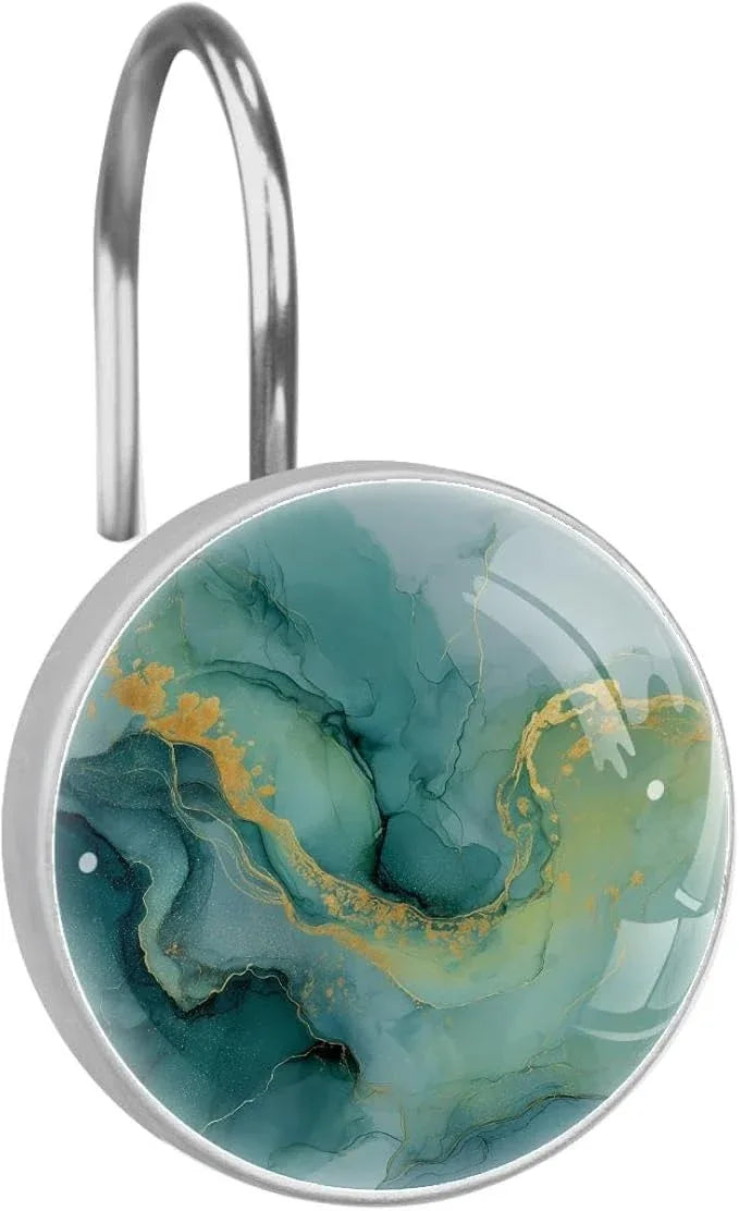 12 Packs Abstract Green Marble Shower Curtain Hooks, Crystal Glass Shower Curtain Rings for Bathroom, Rustproof Metal Curtain Rod Hooks - ModernBath