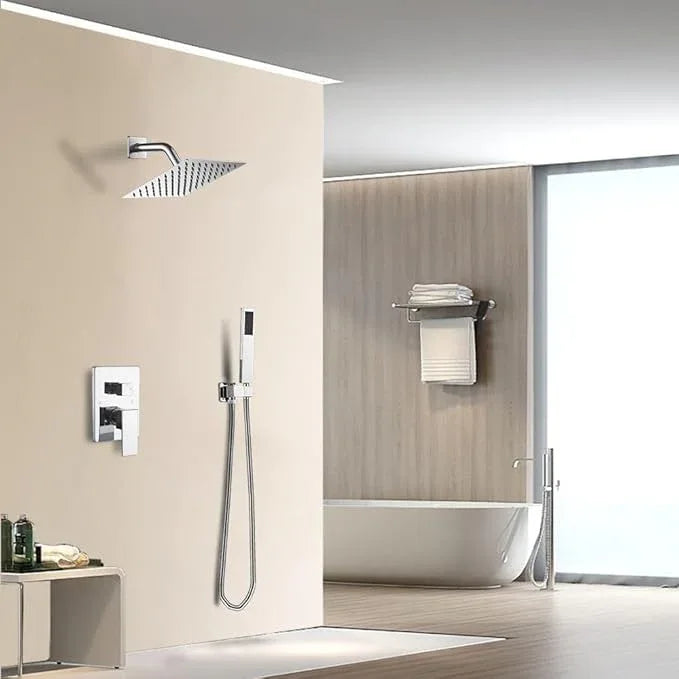 JingGang Shower System Polished Chrome Bathroom Rainfall Shower Faucet Set Complete Wall Mounted 6 Inch Shower Head and Handle Set with Rough-in Valve Body and Trim Kit - ModernBath