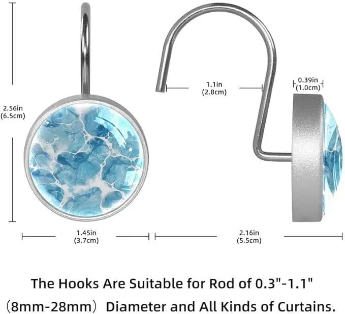 12 Pcs Decorative Shower Curtain Hooks, Rust Proof Glass Surface Stainless Steel Rings for Bathroom Bedroom Kitchen Home Bath Room Rods Decor (Blue Water Ripples) - ModernBath