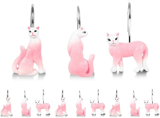 Ruvenis Pink Cat Shower Curtain Hooks Set of 12, Hand-Painted Resin Cat Shower Hooks with Rust-Resistant Metal Rings, Cute Bathroom Accessories