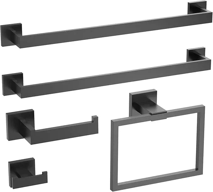 Matte Black 5-Piece Bathroom Hardware Set， INDARE Towel Rack for Bathroom Wall Stainless Steel， Black Bathroom Accessories Set 23.8-Inch - ModernBath