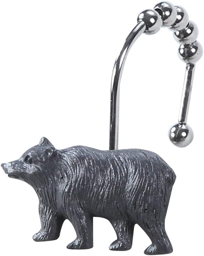 Woodland Black Bear Moose Shower Curtain Hooks, Rustproof Rustic Cabin Shower Hooks for Shower Curtain, 5 Roller Ring Balls Lodge Bathroom Curtain Hooks, Outdoor Decorative Animal Hooks, Set of 12 - ModernBath