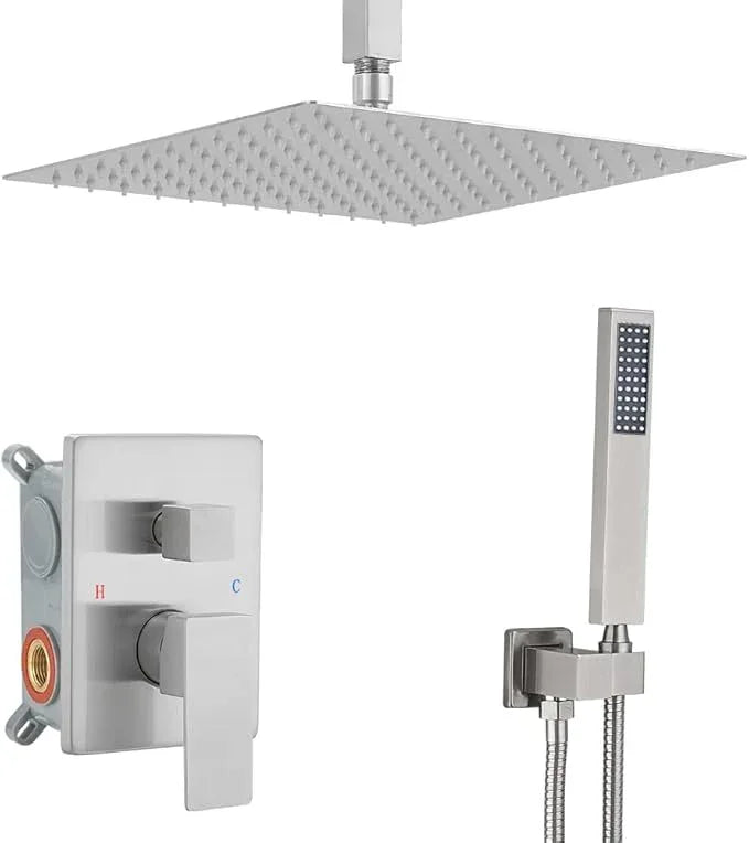 JingGang 12 Inch Ceiling Mount Brushed Nickel Shower System Bathroom Luxury Rain Mixer Shower Combo Set Ceiling Rainfall Shower Head System (Contain Shower Faucet Rough-in Valve Body and Trim Kit) - ModernBath