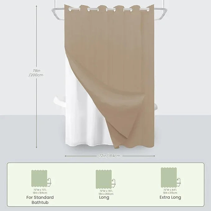Inhousolu No Hook Waffle Weave Shower Curtain with Removable Snap in Fabric Liner Set for Bathroom, 230 GSM Heavy Duty Weighted Hem, Water Repellent Washable Bath Curtains, 72 x 78 Inch, Beige - ModernBath