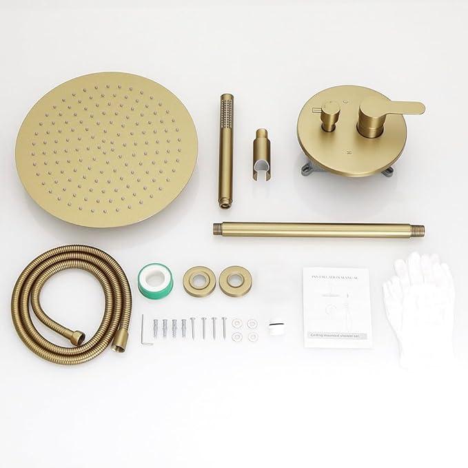 JingGang Brushed Gold Ceiling Mount Round Rain Shower System with 12 Inch Shower Head and Handheld Bathroom Shower Set Contain Shower Faucet Trim Kit (Mixer Valve Included) - ModernBath