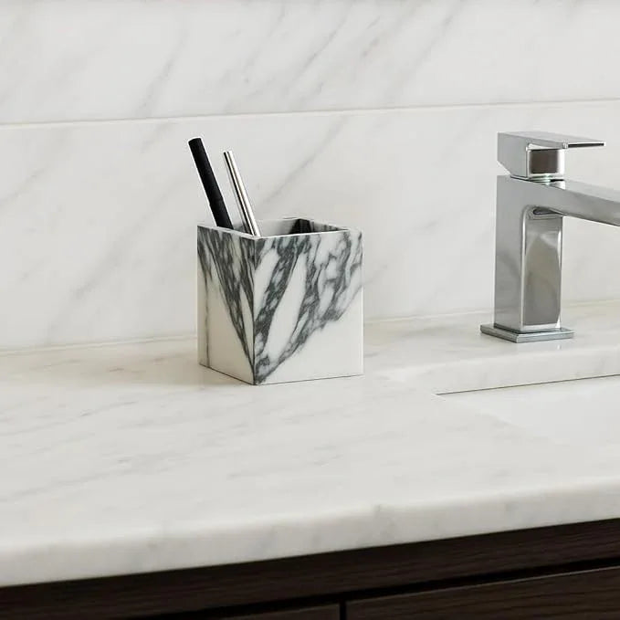 Marble Toothbrush Holder – 4.1" Genuine Stone Bathroom Cup for Makeup Brushes, Pens & Utensils | Natural Marble Organizer for Vanity, Countertop & Home Décor (Arabescato White & Grey) - ModernBath