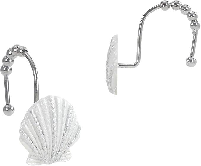 Coastal Seashell Shower Curtain Hooks, Under The Sea Beach Starfish Bathroom Shower Curtain Hooks Rust Proof, 5 Roller Ring Balls White Decorative Shower Hooks for Shower Curtain, Set of 12 - ModernBath