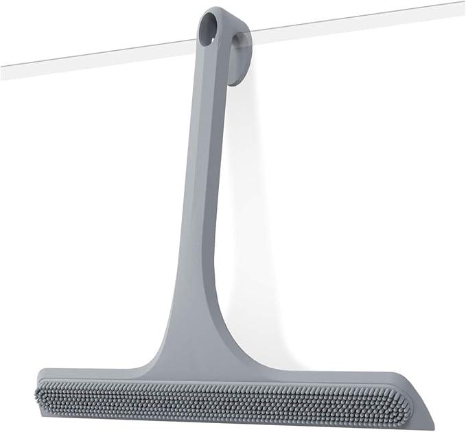2-in-1 Silicone Shower Squeegee with Hook,Dual-Sided Design with Scraper & Scrub Surface,Rust-Proof Stainless Core,Streak-Free Bathroom Squeegee for Glass Doors,Mirrors,Windows,Car Windshields (Gray) - ModernBath