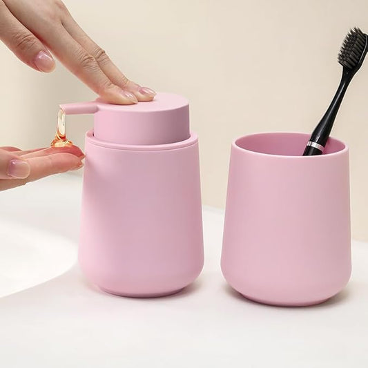 YAUKPH Matte Pink Bathroom Accessories 2 Piece Set Plastic Soap Dispenser and Toothbrush Holder for Modern Bathroom Decor
