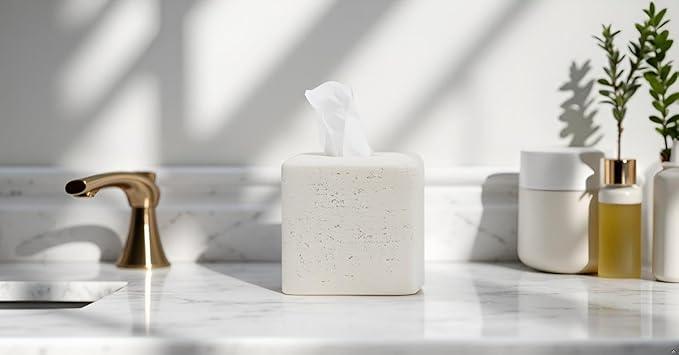 Huitony Travertine Tissue Box Cover Square Decorative Stone Klenex Box Holder for Bathroom & Living Room with Handcrafted Texture (Light White) - ModernBath