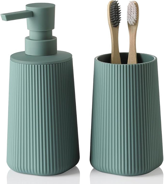 YAUKPH Bathroom Accessories 2 Piece Soap Dispenser and Toothbrush Holder Set Striped Sage Green