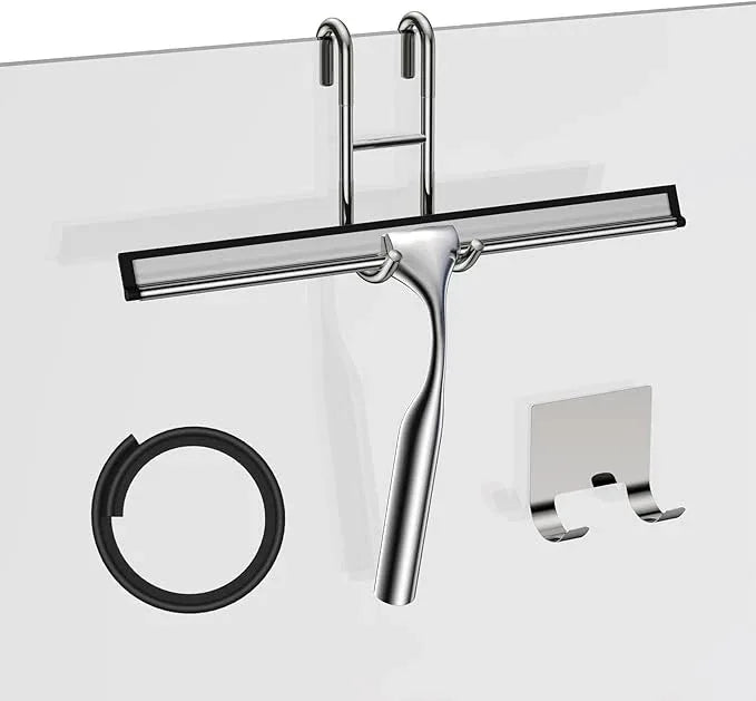 Stainless Steel Squeegee for Shower Glass Doors, 10-Inch All-Purpose Squeegee with Replacement Blade and Matching Hooks Holder, Silver - ModernBath